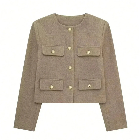 Khaki Casual Women's Tweed Jacket Round Neckline Decorated Long Sleeves Coat - Picture 7 of 8